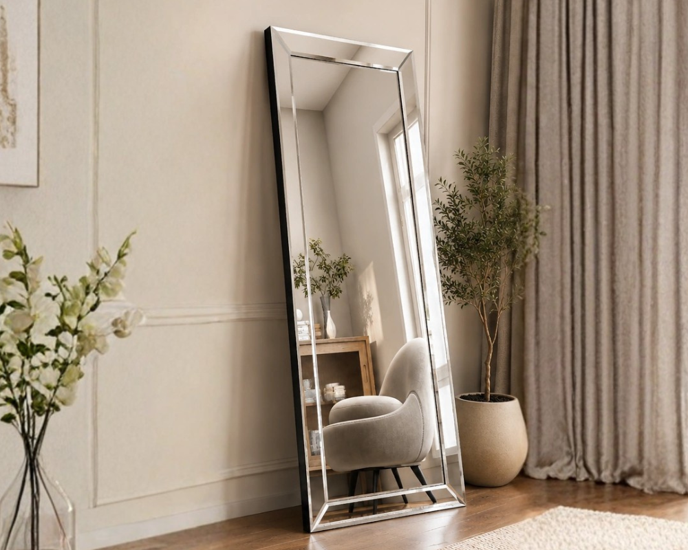 Miroir Pleine Hauteur Rectangulaire avec Cadre Décoratif Argenté – Design Élégant - Miroir Neuf
