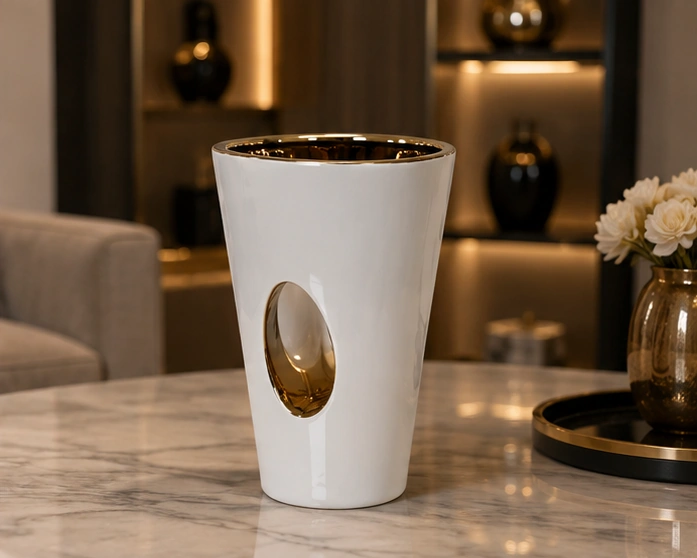 Vase Décoratif Blanc et Doré au Design Sculptural – Finition Raffinée et Élégance Contemporaine – Image 3