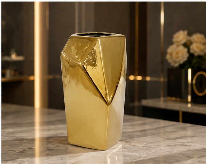 Vase Décoratif Géométrique Doré – Design Sculptural Facetté et Finition Métallisée Brillante pour un Intérieur Moderne, Chic et Luxueux