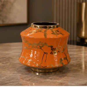 Vase Décoratif Orange et Doré au Design Sculptural – Effet Marbré et Finition Luxueuse
