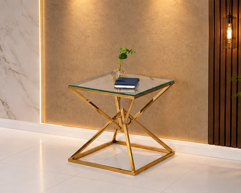 Chariot d’Appoint Raffiné avec Plateau en Verre et Base Géométrique Dorée