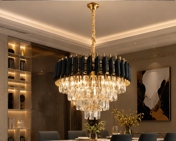 Lustre Suspendu de Luxe en Cristal et Métal Noir et Doré – Design Circulaire Sculptural avec Cascade de Cristaux pour un Intérieur Moderne, Chic et Sophistiqué – Image 3