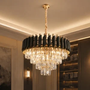 Lustre Suspendu de Luxe en Cristal et Métal Noir et Doré – Design Circulaire Sculptural avec Cascade de Cristaux pour un Intérieur Moderne, Chic et Sophistiqué