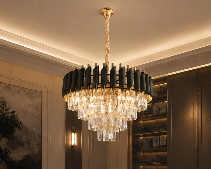 Lustre Suspendu de Luxe en Cristal et Métal Noir et Doré – Design Circulaire Sculptural avec Cascade de Cristaux pour un Intérieur Moderne, Chic et Sophistiqué