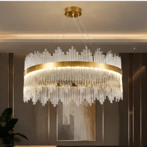 Lustre Suspendu de Luxe en Cristal et Métal Doré – Design Circulaire Moderne avec Cascade de Cristaux pour un Intérieur Chic, Élégant et Sophistiqué
