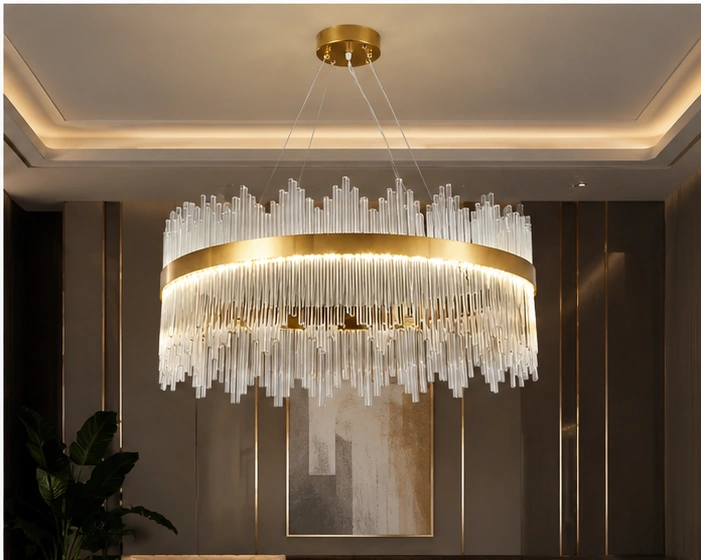 Lustre Suspendu de Luxe en Cristal et Métal Doré – Design Circulaire Moderne avec Cascade de Cristaux pour un Intérieur Chic, Élégant et Sophistiqué