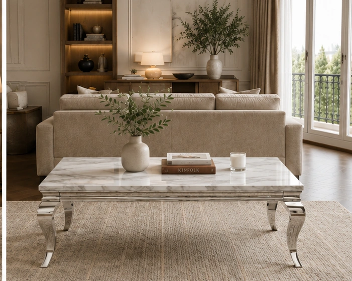 Table Basse Rectangulaire Effet Marbre - Table Basse Contemporaine avec Plateau Blanc – Image 2