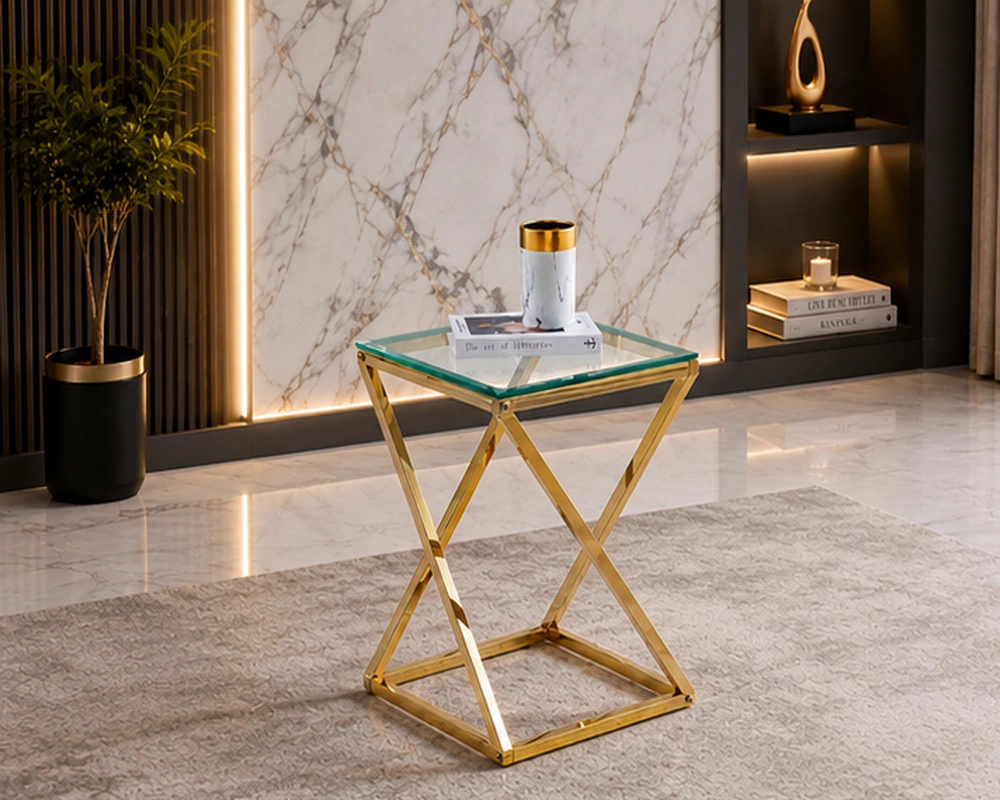 Chariot de Service Moderne avec Plateau en Verre et Structure Dorée Élégante