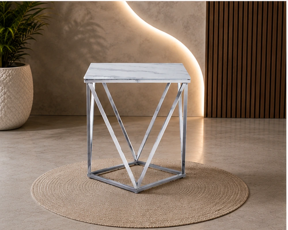 Chariot de Service Élégant au Design Géométrique avec Plateau en Marbre