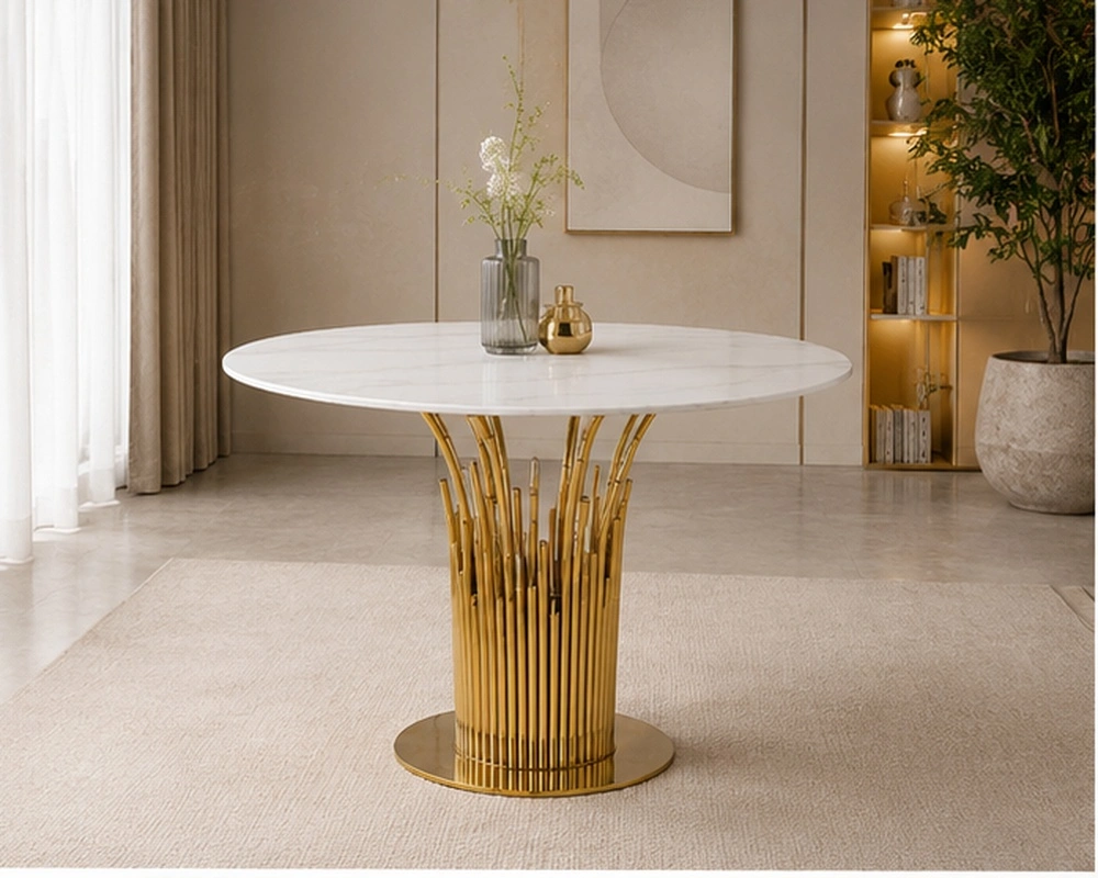 Table à Manger Ronde Blanche Effet Marbre avec Pied Doré - Table de Salle à Manger Ronde Design Moderne et Luxueux