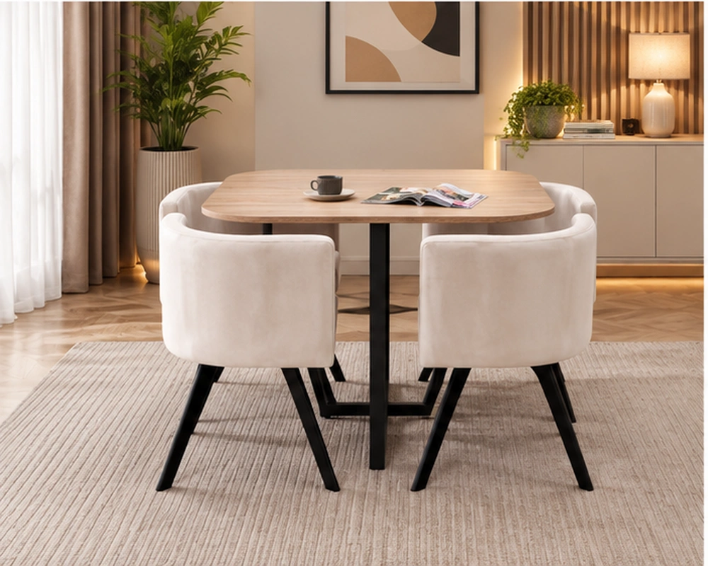 Table à Manger Moderne en Bois avec 4 Chaises Beige - Ensemble Table à Manger Effet Bois avec 4 Chaises Rembourrées – Image 2