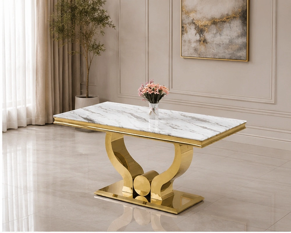 Table de Salle à Manger Blanche Marbre avec Pied Central Doré - Table à Manger Blanche Effet Marbre avec Pieds Dorés Design Luxe