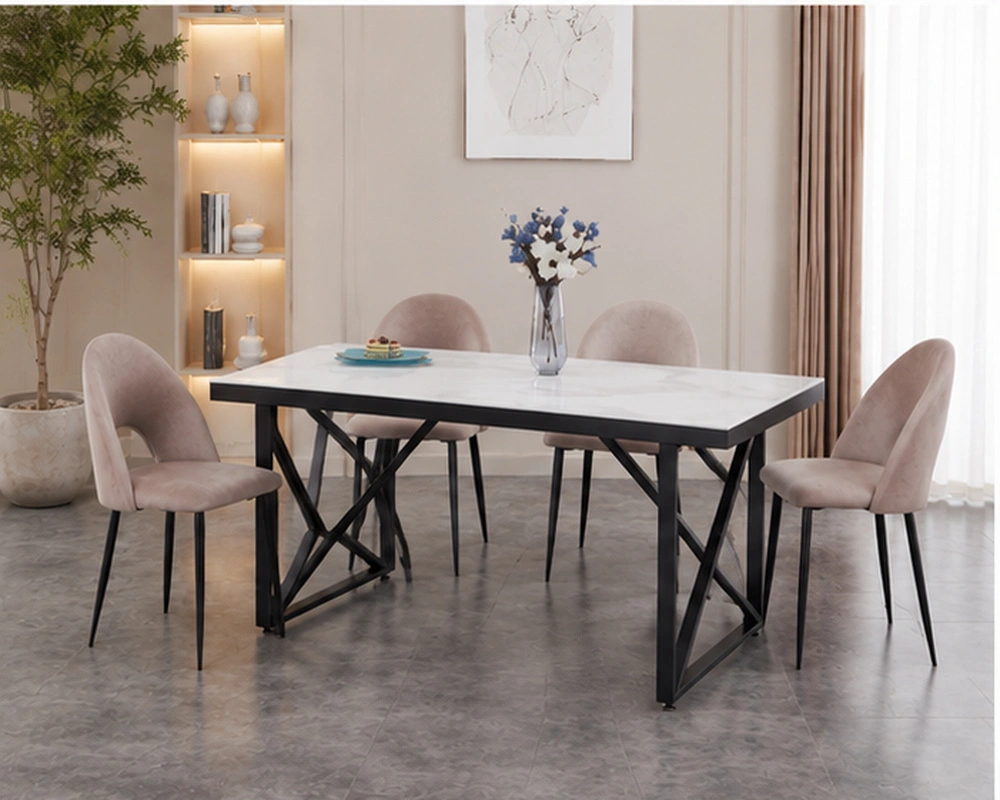Table à Manger Moderne Blanche avec 4 6 Chaises Rembourrées - Ensemble Table à Manger Blanche Effet Marbre avec Chaises Roses – Image 2