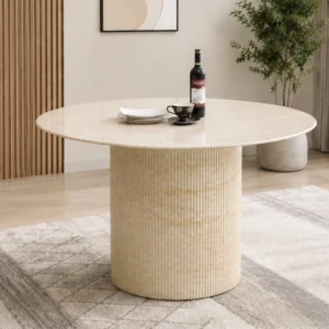 Table à Manger Ronde en Bois – Robuste et Design - Table Ronde Design – Plateau Effet Marbre et Pied en Bois