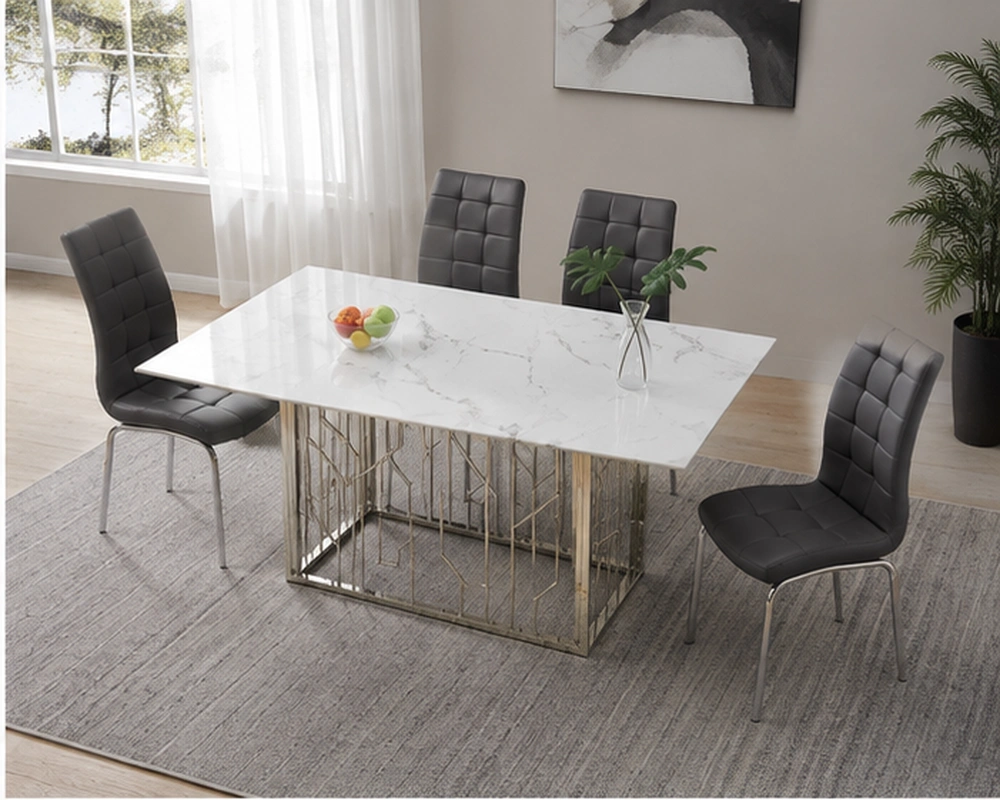 Table à Manger Moderne Blanche avec 4 Chaises Rembourrées Noires - Ensemble Table à Manger Blanche Effet Marbre avec 4 Chaises Noires