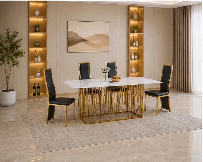 Table à Manger Luxe avec 4 Chaises et Structure Dorée Design Moderne - Ensemble Table à Manger Blanche Effet Marbre avec Chaises Noires et Dorées – Image 2