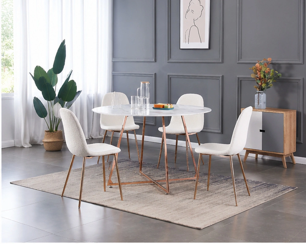 Table Ronde Style Scandinave avec 4 Chaises Blanches et Structure Bois Naturel - Ensemble Table à Manger Ronde Blanche Effet Marbre avec Chaises Blanches Pieds Bois – Image 2