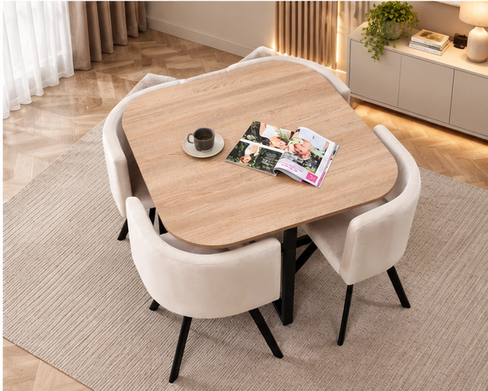Table à Manger Moderne en Bois avec 4 Chaises Beige - Ensemble Table à Manger Effet Bois avec 4 Chaises Rembourrées – Image 4