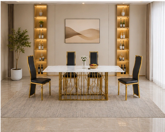 Table à Manger Luxe avec 4 Chaises et Structure Dorée Design Moderne - Ensemble Table à Manger Blanche Effet Marbre avec Chaises Noires et Dorées – Image 3