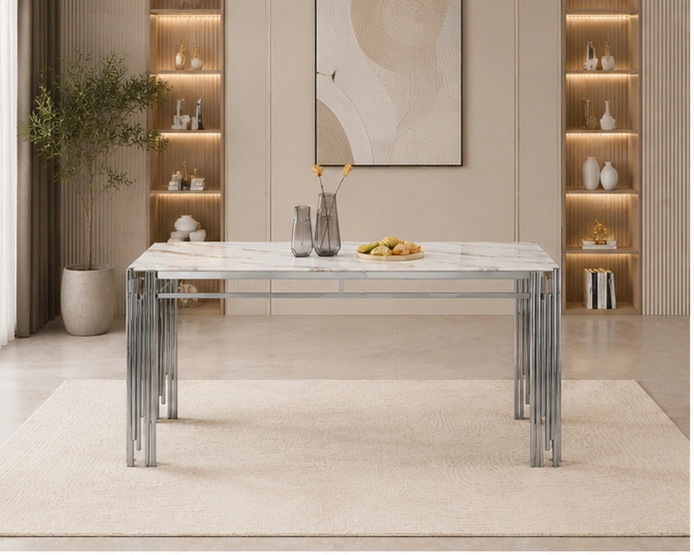 Table à Manger Blanche Effet Marbre Design Moderne - Table de Salle à Manger Blanche avec Pieds Métalliques – Image 2