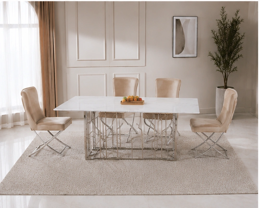 Table à Manger Moderne Effet Marbre avec 4 Chaises Beige Design Élégant - Ensemble Table à Manger Beige Effet Marbre avec  Chaises Crème et Pieds Chromés