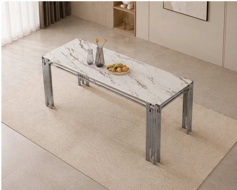 Table à Manger Blanche Effet Marbre Design Moderne - Table de Salle à Manger Blanche avec Pieds Métalliques – Image 3