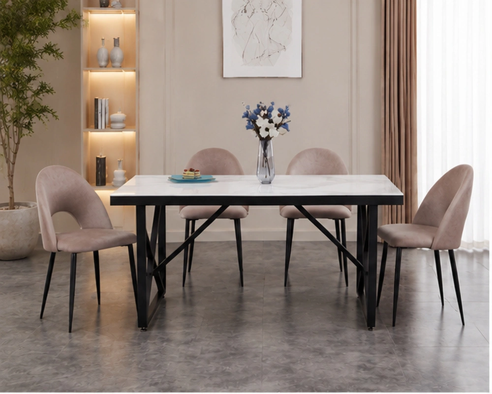 Table à Manger Moderne Blanche avec 4 6 Chaises Rembourrées - Ensemble Table à Manger Blanche Effet Marbre avec Chaises Roses – Image 5