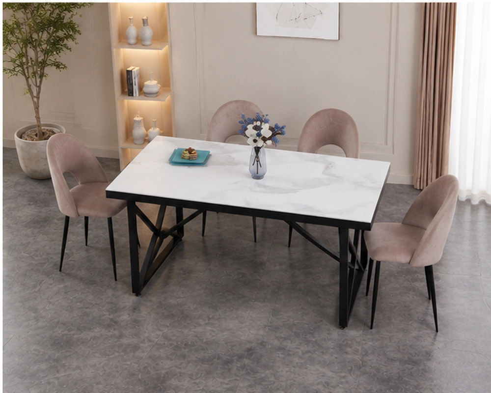 Table à Manger Moderne Blanche avec 4 6 Chaises Rembourrées - Ensemble Table à Manger Blanche Effet Marbre avec  Chaises Roses