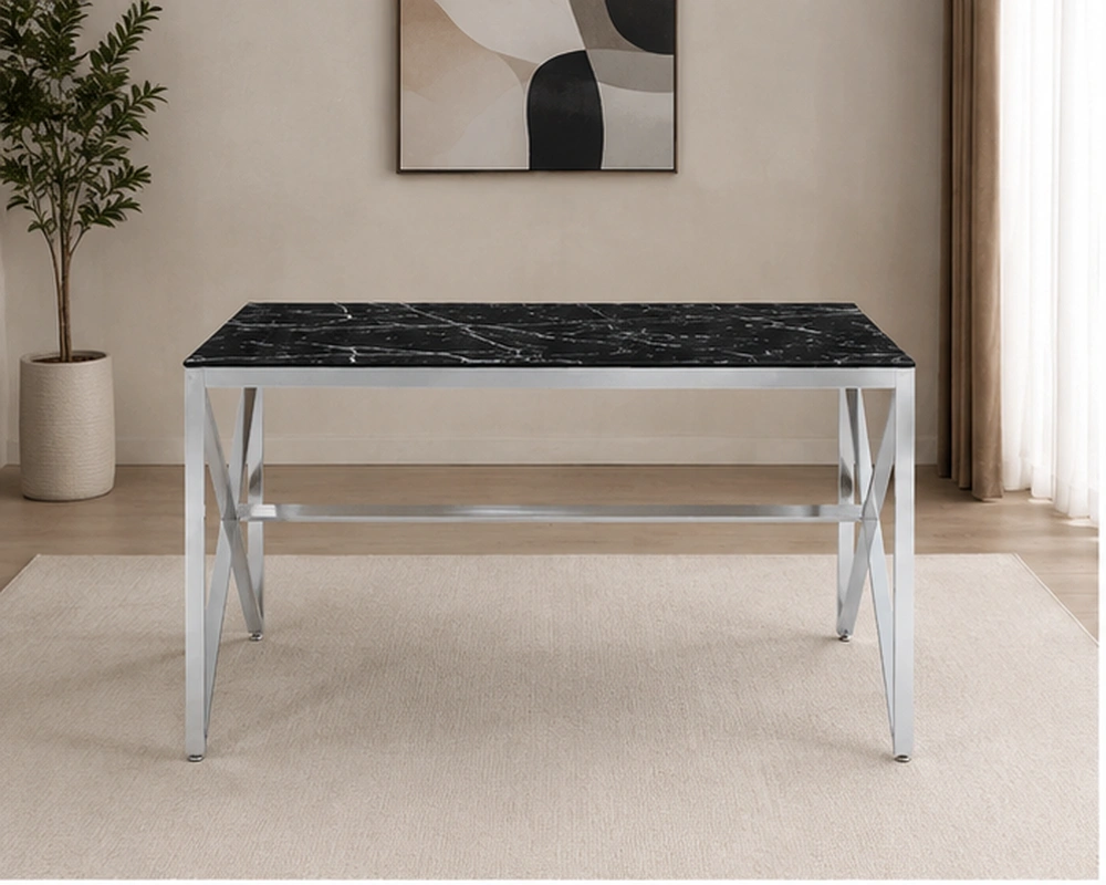 Table de Salle à Manger Noire Marbre avec Structure Métallique Argentée - Table à Manger Noire Effet Marbre avec Pieds Croisés Argentés
