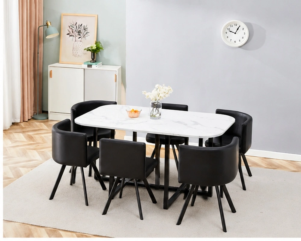 Table à Manger Moderne avec 6 Chaises Rembourrées Noires - Ensemble Table à Manger Blanche Effet Marbre avec 6 Chaises Noires