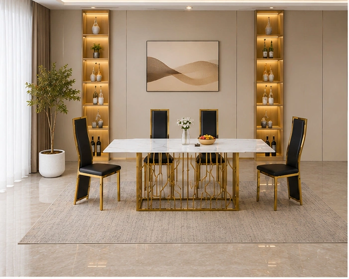 Table à Manger Luxe avec 4 Chaises et Structure Dorée Design Moderne - Ensemble Table à Manger Blanche Effet Marbre avec Chaises Noires et Dorées – Image 5