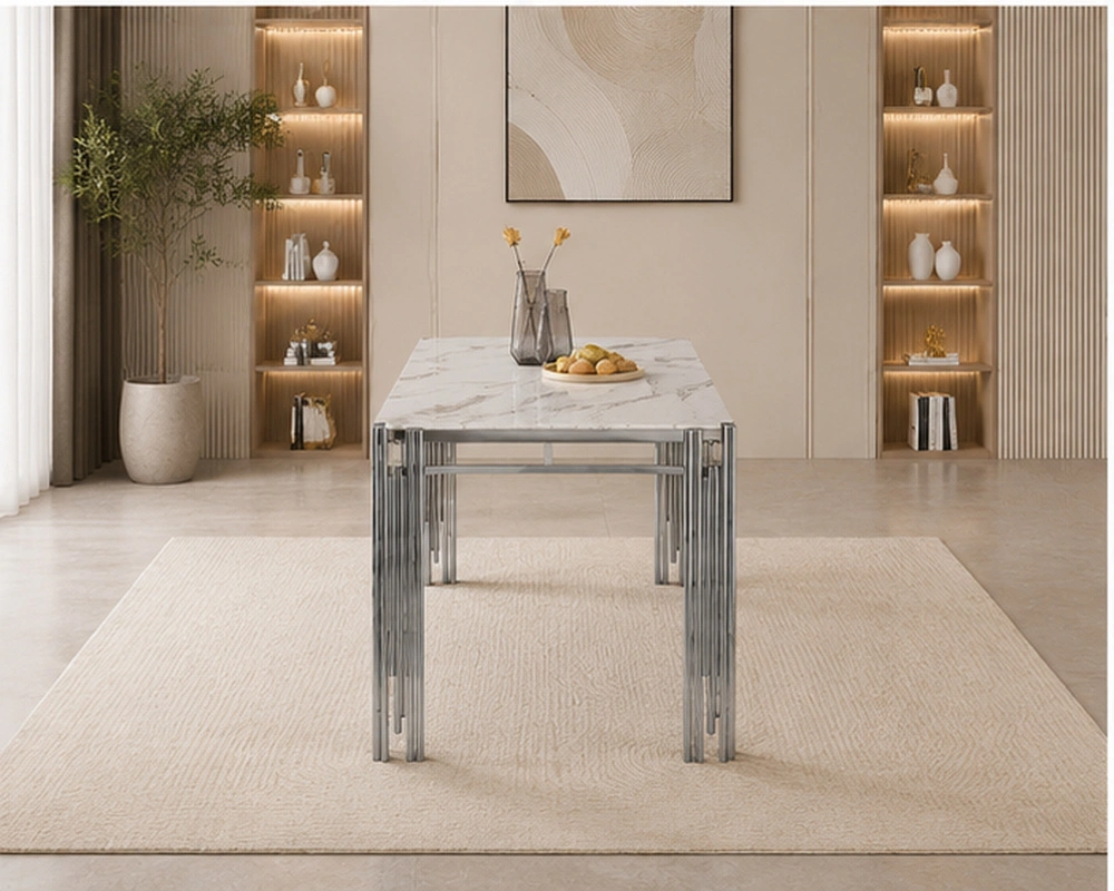Table à Manger Blanche Effet Marbre Design Moderne - Table de Salle à Manger Blanche avec Pieds Métalliques – Image 4