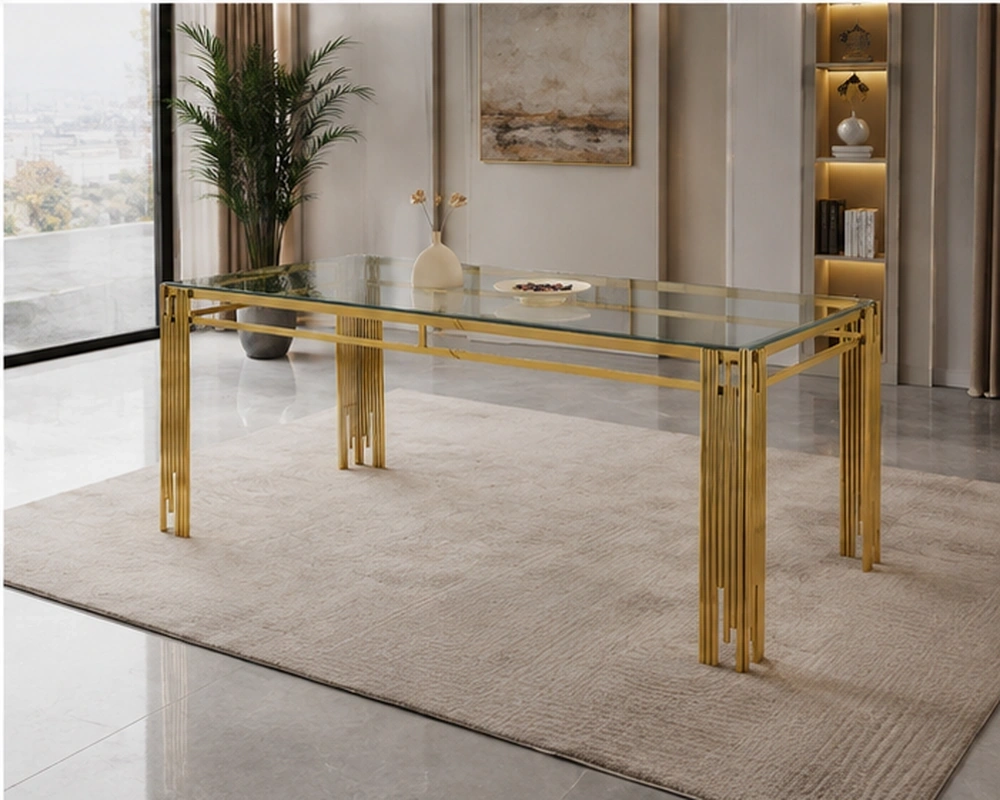 Table de Salle à Manger en Verre avec Pieds Dorés - Table à Manger en Verre et Métal Doré Design Moderne