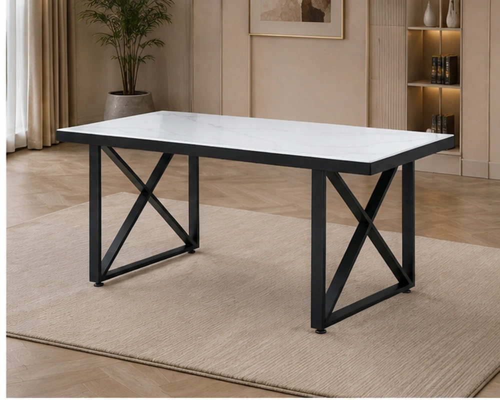 Table à Manger Blanche Effet Marbre avec Pieds Croisés Noirs - Table de Salle à Manger Blanche Marbre avec Pieds Métalliques Noirs