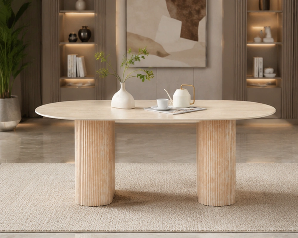 Table à Manger Ovale Effet Pierre beige – Design Moderne avec Pieds Cylindriques - Tableà Manger Élégante et Contemporaine