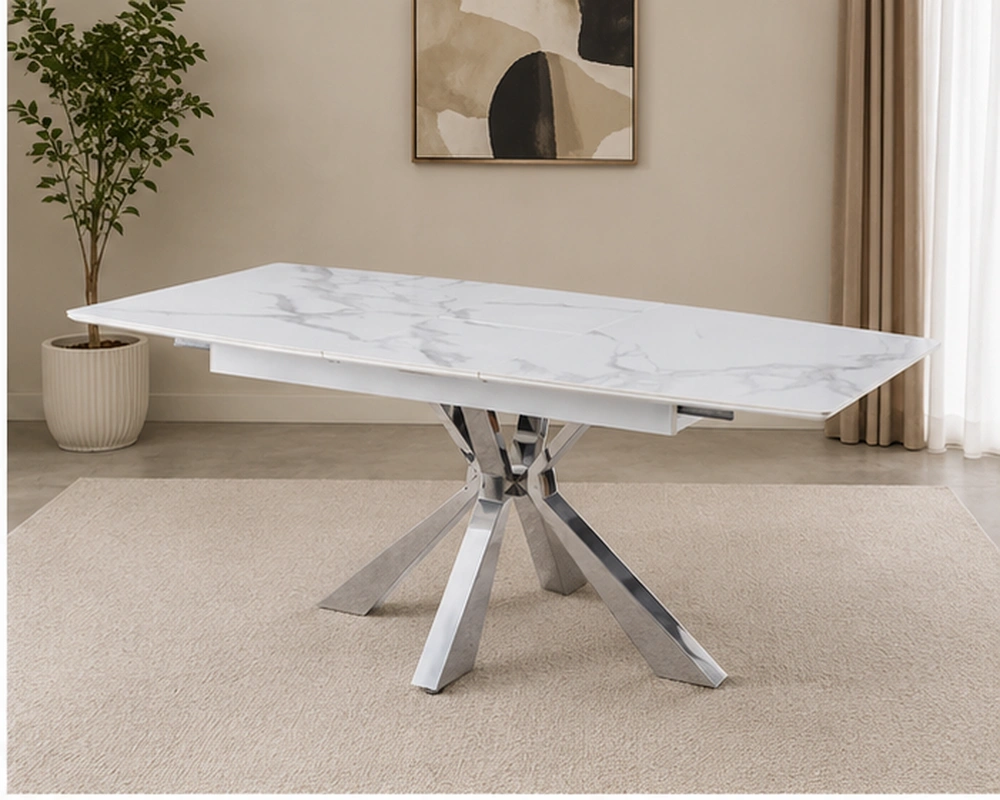 Table de Salle à Manger Blanche Marbre avec Pied Central Argenté - Table à Manger Blanche Effet Marbre avec Pieds Argentés Design Moderne