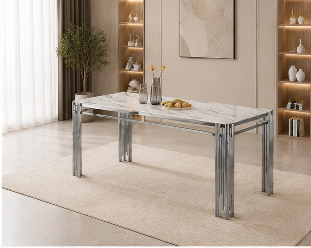 Table à Manger Blanche Effet Marbre Design Moderne - Table de Salle à Manger Blanche avec Pieds Métalliques