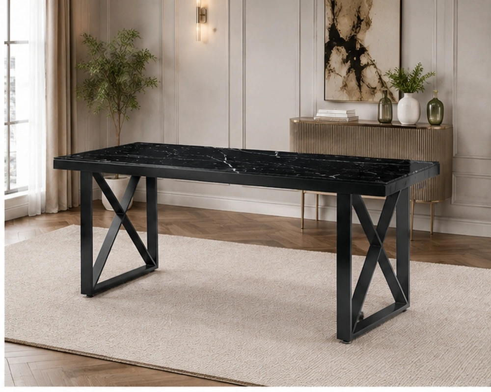 Table de Salle à Manger Noire Design Moderne et Industriel - Table à Manger Noire Effet Marbre avec Pieds Croisés