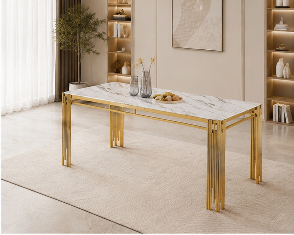 Table à Manger Blanche Effet Marbre avec Pieds Dorés - Table de Salle à Manger Blanche et Dorée Design