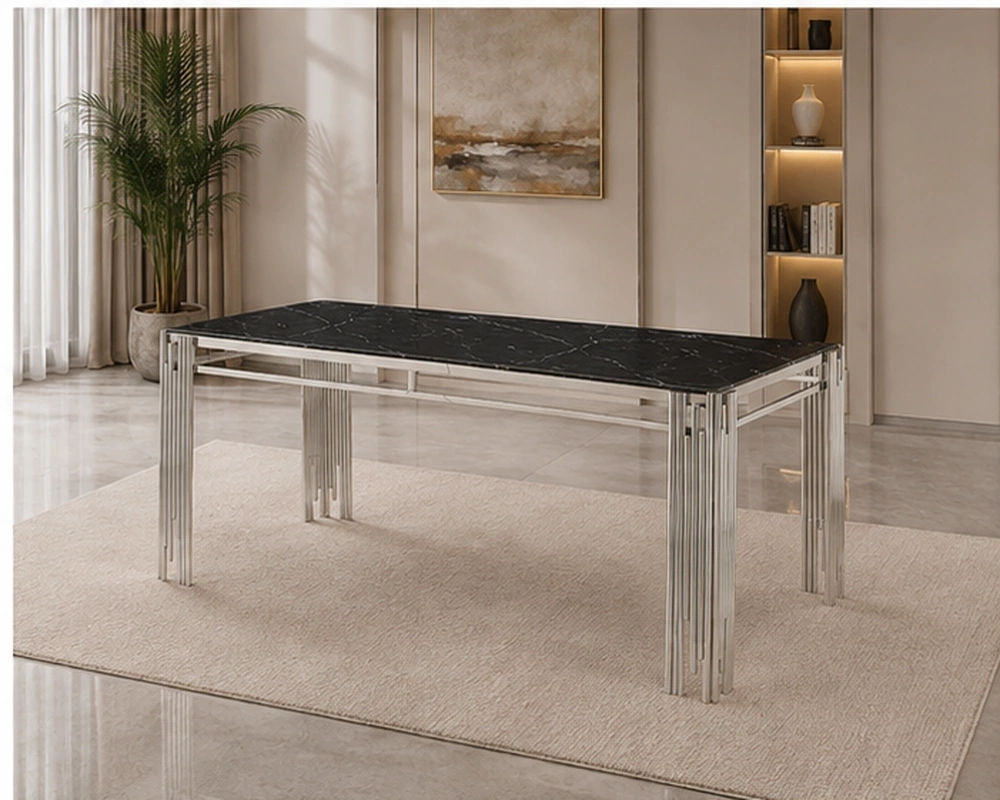 Table à Manger Noire Effet Marbre avec Pieds Chromés - Table de Salle à Manger Noire Design Moderne et Élégant