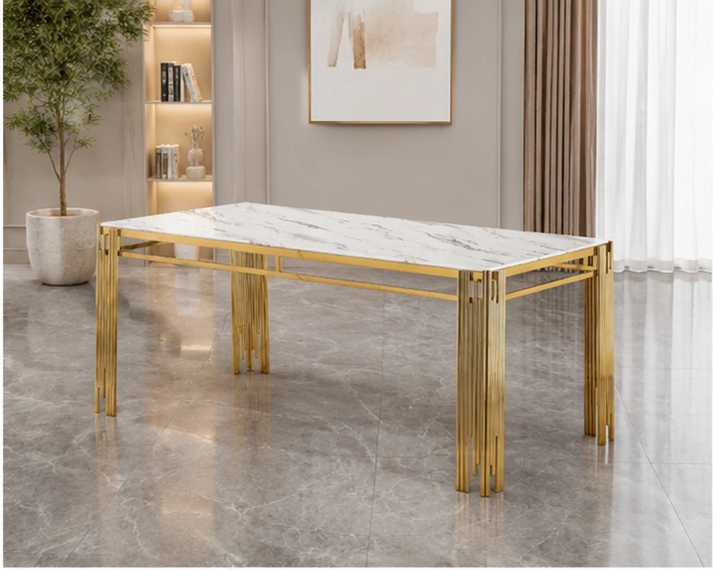 Table de Salle à Manger Blanche Marbre et Pieds Dorés Moderne - Table à Manger Blanche Effet Marbre avec Pieds Dorés Design Luxe