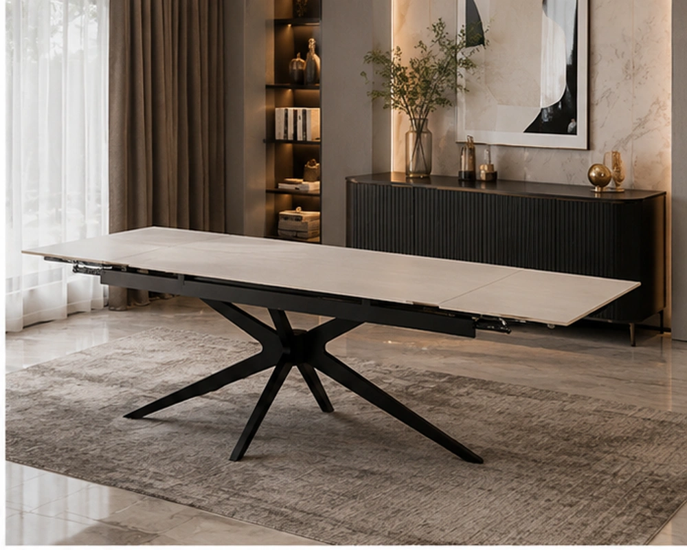Table à Manger Extensible Moderne Effet Marbre Crème avec Pieds Croisés Noirs - Table de Salle à Manger Extensible Design Contemporain – Plateau Beige et Structure Noire