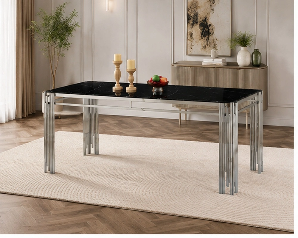 Table à Manger Noire Effet Marbre Design Moderne - Table de Salle à Manger Noire avec Pieds Métalliques