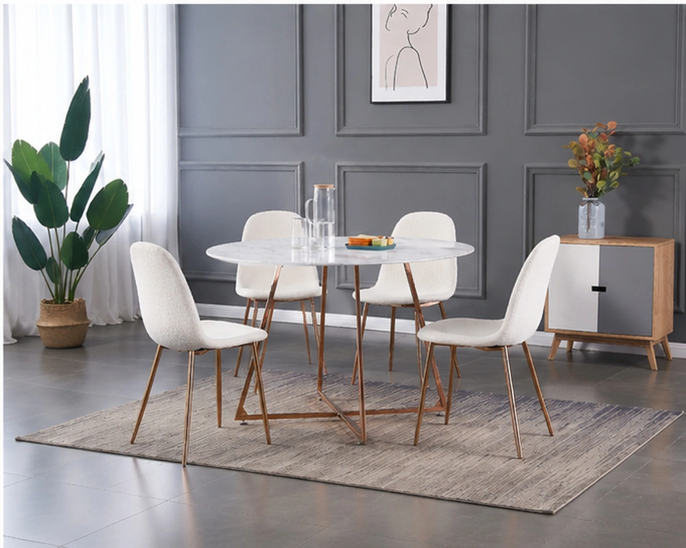 Table Ronde Style Scandinave avec 4 Chaises Blanches et Structure Bois Naturel - Ensemble Table à Manger Ronde Blanche Effet Marbre avec Chaises Blanches Pieds Bois – Image 3