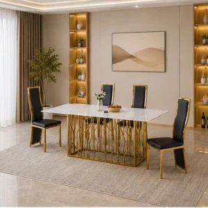Table à Manger Luxe avec 4 Chaises et Structure Dorée Design Moderne - Ensemble Table à Manger Blanche Effet Marbre avec Chaises Noires et Dorées