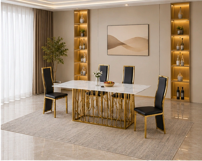 Table à Manger Luxe avec 4 Chaises et Structure Dorée Design Moderne - Ensemble Table à Manger Blanche Effet Marbre avec Chaises Noires et Dorées