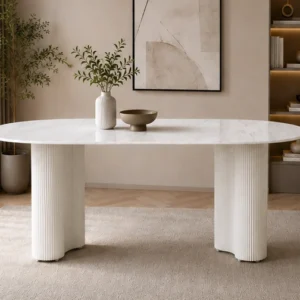 Table à Manger en Bois – Design Moderne et Élégant - Table de Salle à Manger – Plateau Effet Marbre et Pieds en Bois
