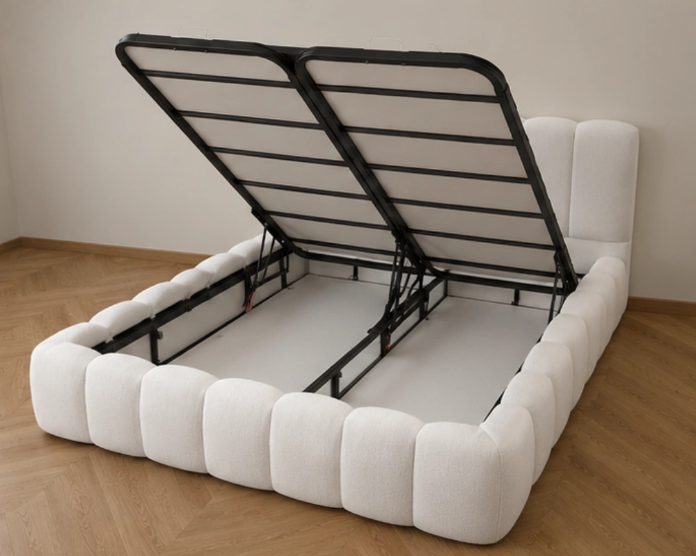 Lit Coffre VIP 160x200 cm en Velours Blanc – Lit Queen Size avec Grand Espace de Rangement, Design Contemporain & Tête de Lit Capitonnée