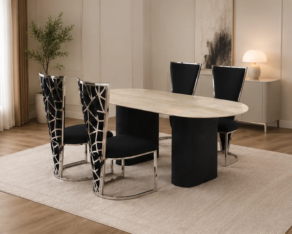 Table à Manger Ronde avec 4 Chaises – Design Élégant Noir & Noir