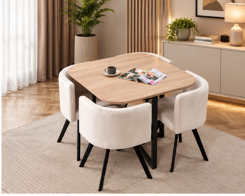 Table à Manger Moderne en Bois avec 4 Chaises Beige - Ensemble Table à Manger Effet Bois avec 4 Chaises Rembourrées
